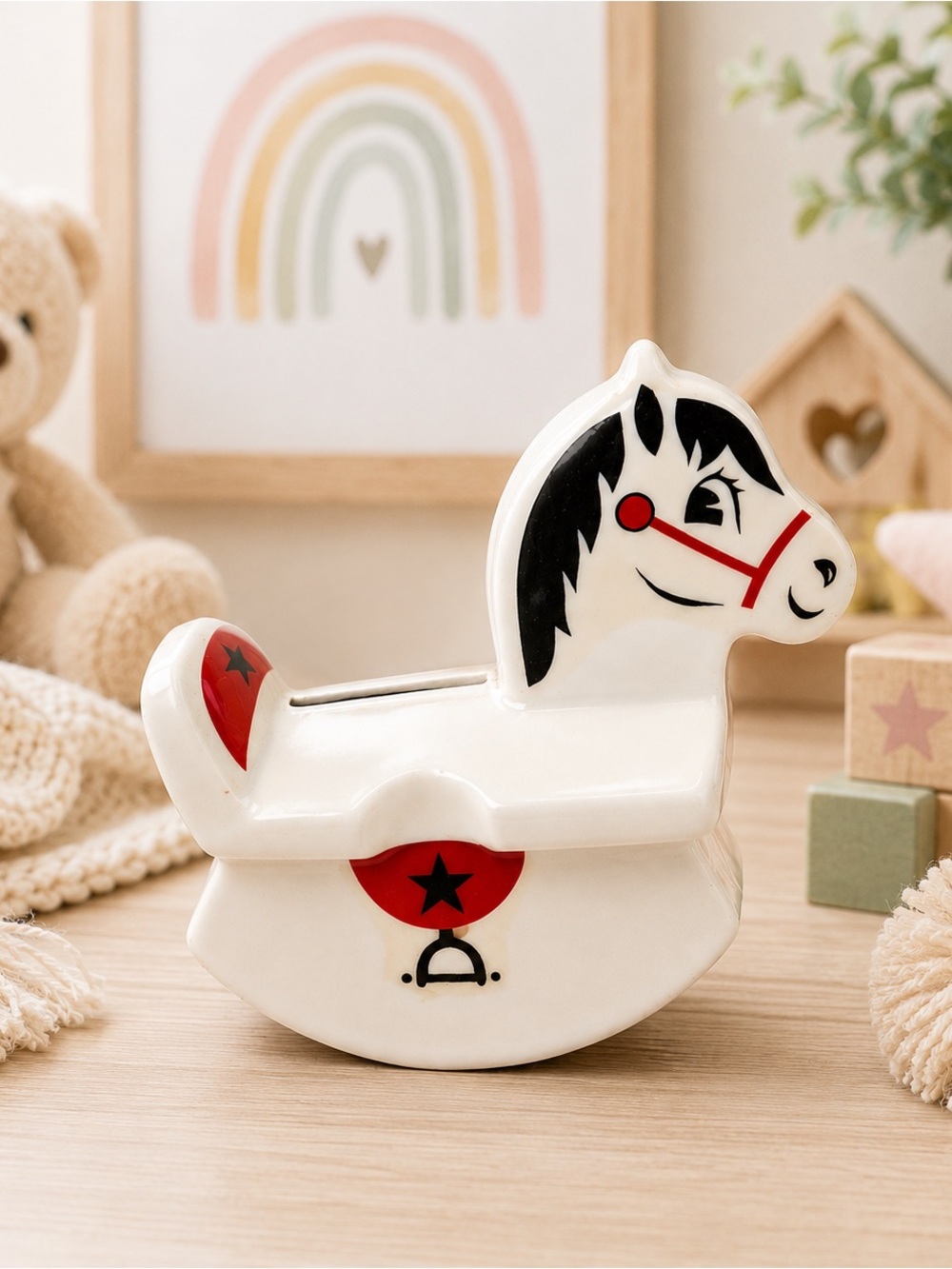 Vintage Ceramic Childs Rocking Horse Coin Bank Red Black White